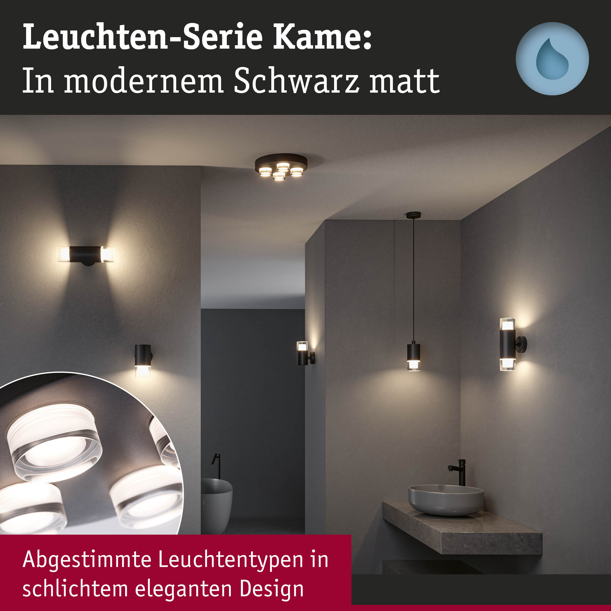 Leuchten-Serie Kame in mattem Schwarz mit verschiedenen Wand- und Deckenleuchten im modernen Bad