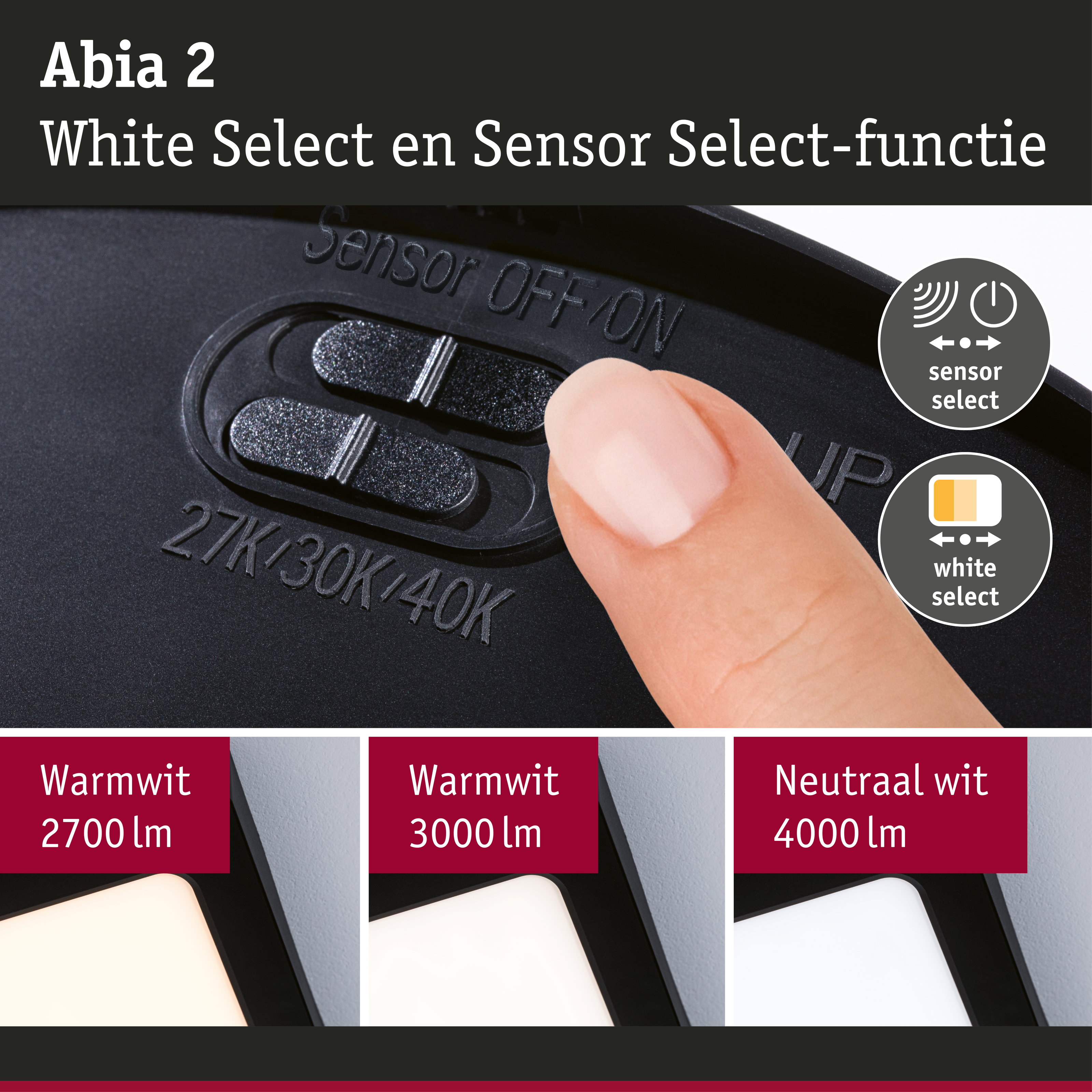 LED-paneel Abia 2 White Select Schemergestuurde bewegingsmelder (HF) hoekig 170x170mm 9,5W 1100lm White Select Zwart