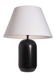 Moderne Tischlampe mit schwarzem Keramikfuß und weißem Stoffschirm für Wohnraumbeleuchtung