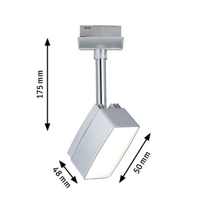 Modern silver LED spotlight with 175 mm length and rectangular head for track lighting systems