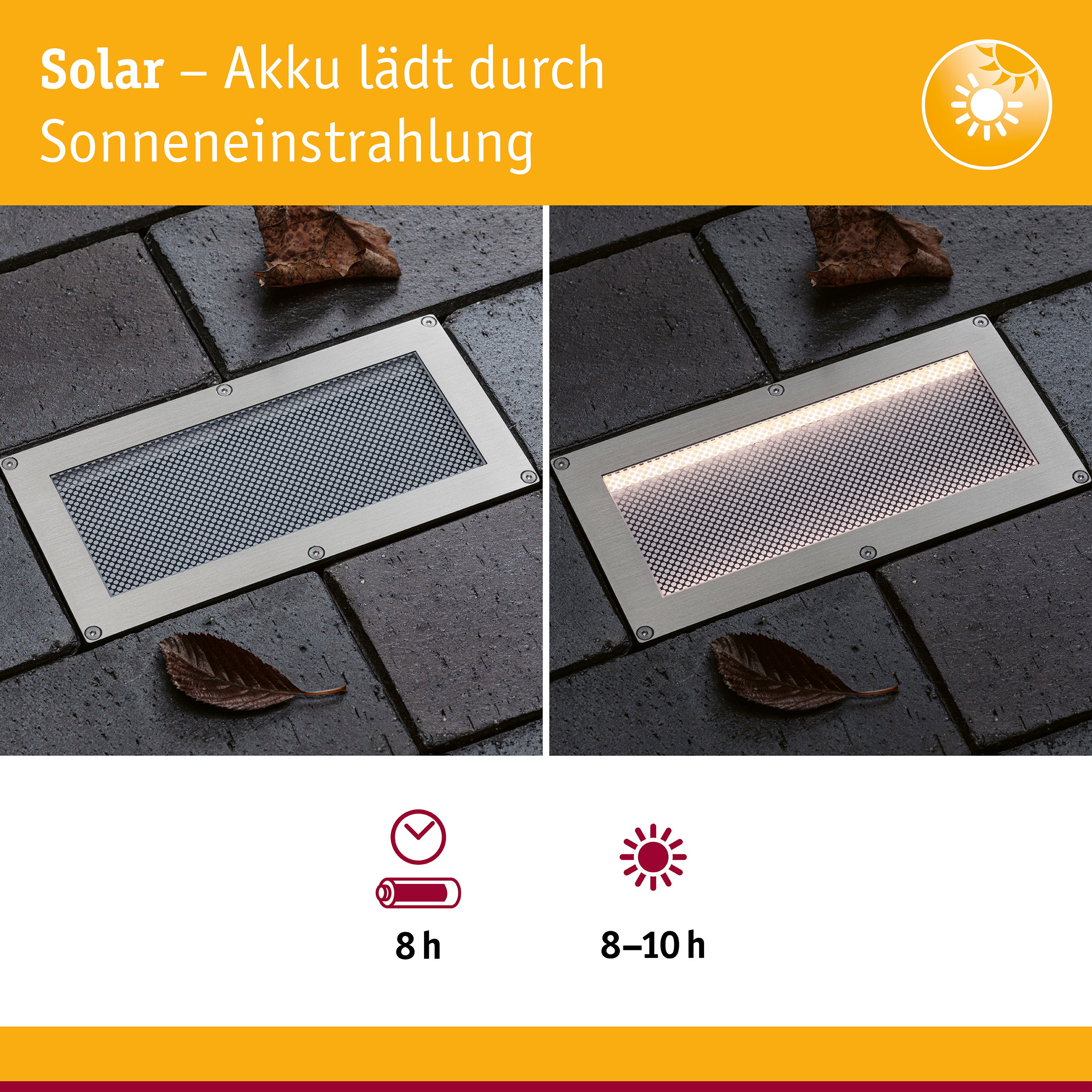 Solar LED Bodeneinbauleuchte Sorea Dämmerungssensor IP67 eckig 200x100mm 3000K 0,3W 16lm 3,7V Eisen gebürstet ABS/Polycarbonat/Edelstahl