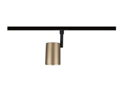 Modern gold metal LED spotlight on black track for versatile room lighting and interior design