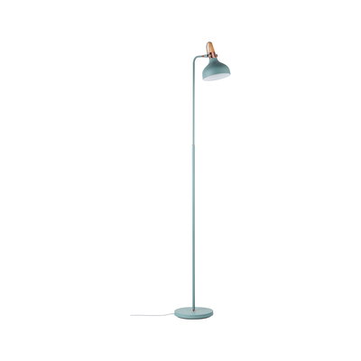 Blue metal floor reading lamp with wood and copper accents for stylish living room lighting