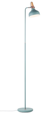 Matte blue metal floor reading lamp with wood and copper accents, modern home lighting design