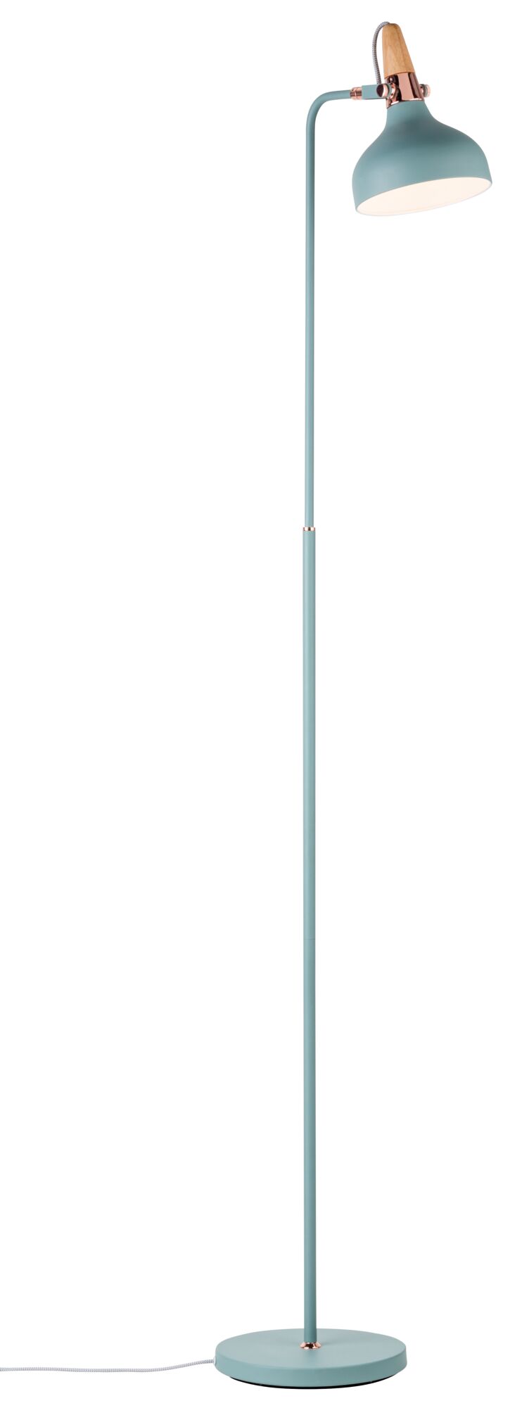 Matte blue metal floor reading lamp with wood and copper accents, modern home lighting design