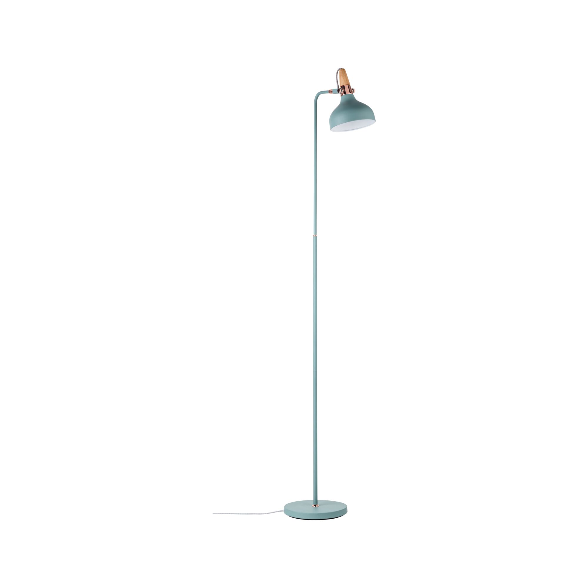 Stojąca lampa do czytania z metalu w matowym niebieskim kolorze z drewnianymi i miedzianymi akcentami