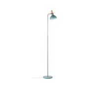 Stojąca lampa do czytania z metalu w matowym niebieskim kolorze z drewnianymi i miedzianymi akcentami