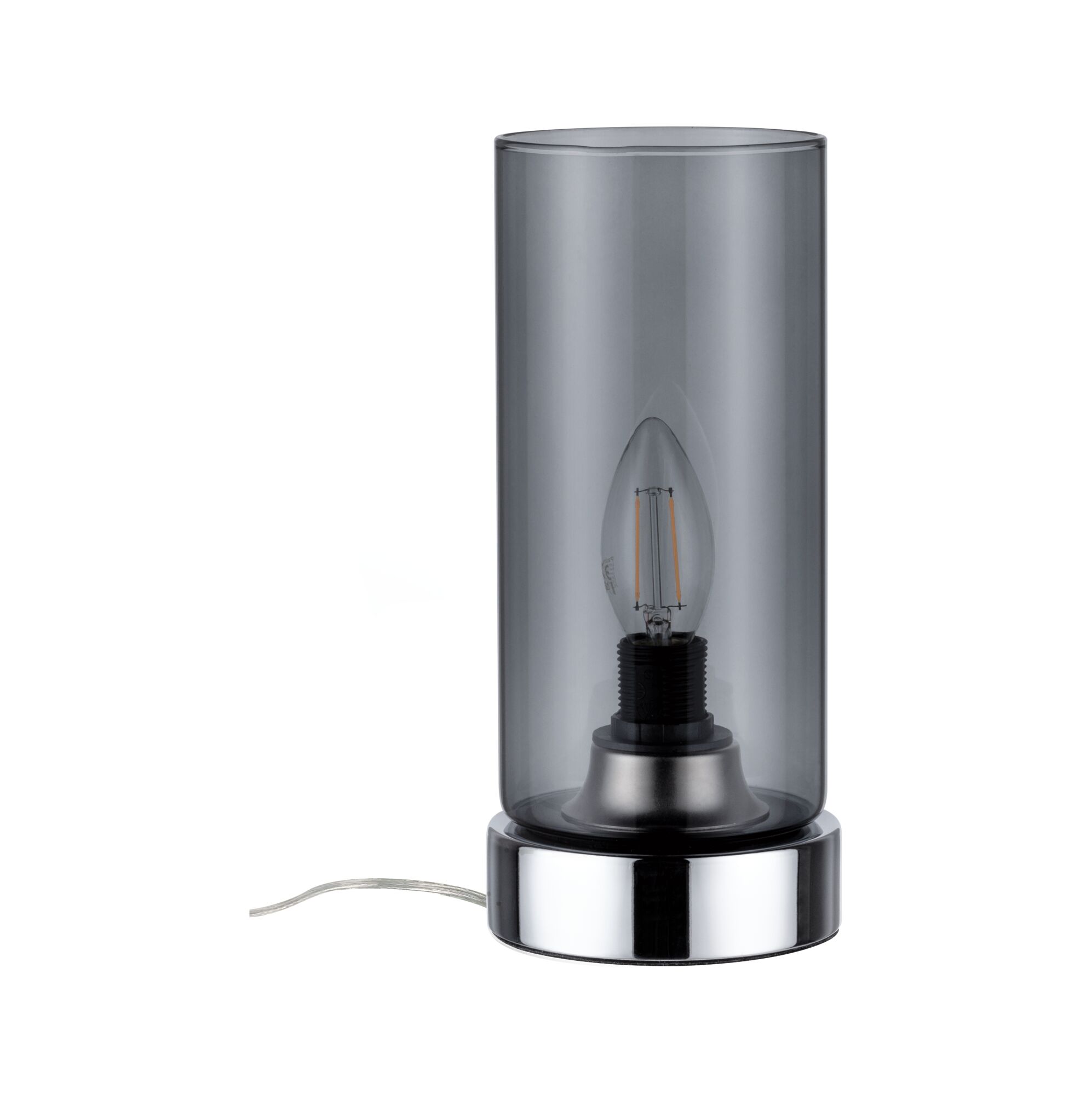 Modern table lamp with smoked glass cylinder and chrome metal base for stylish room lighting