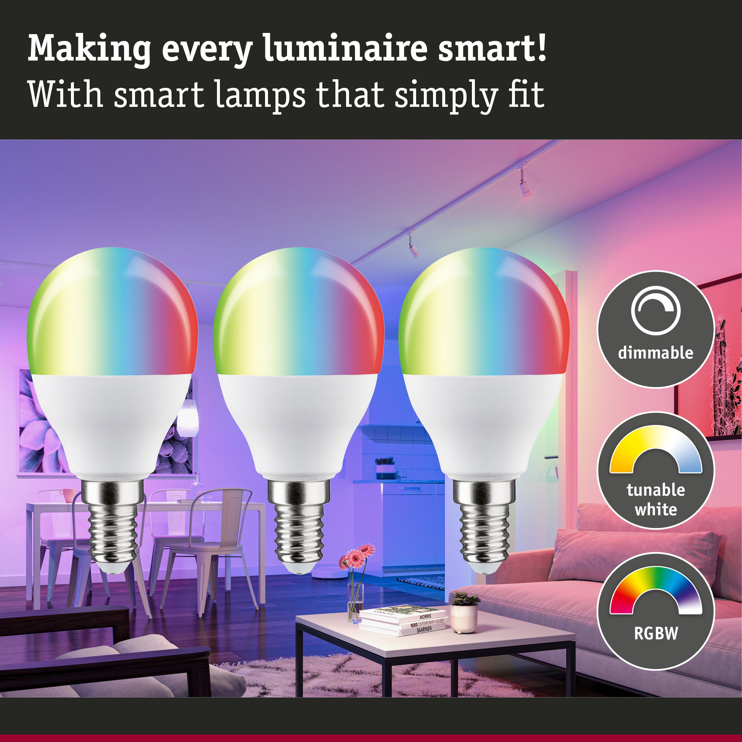 Three dimmable E14 LED bulbs with tunable white and RGBW features in a modern living room.