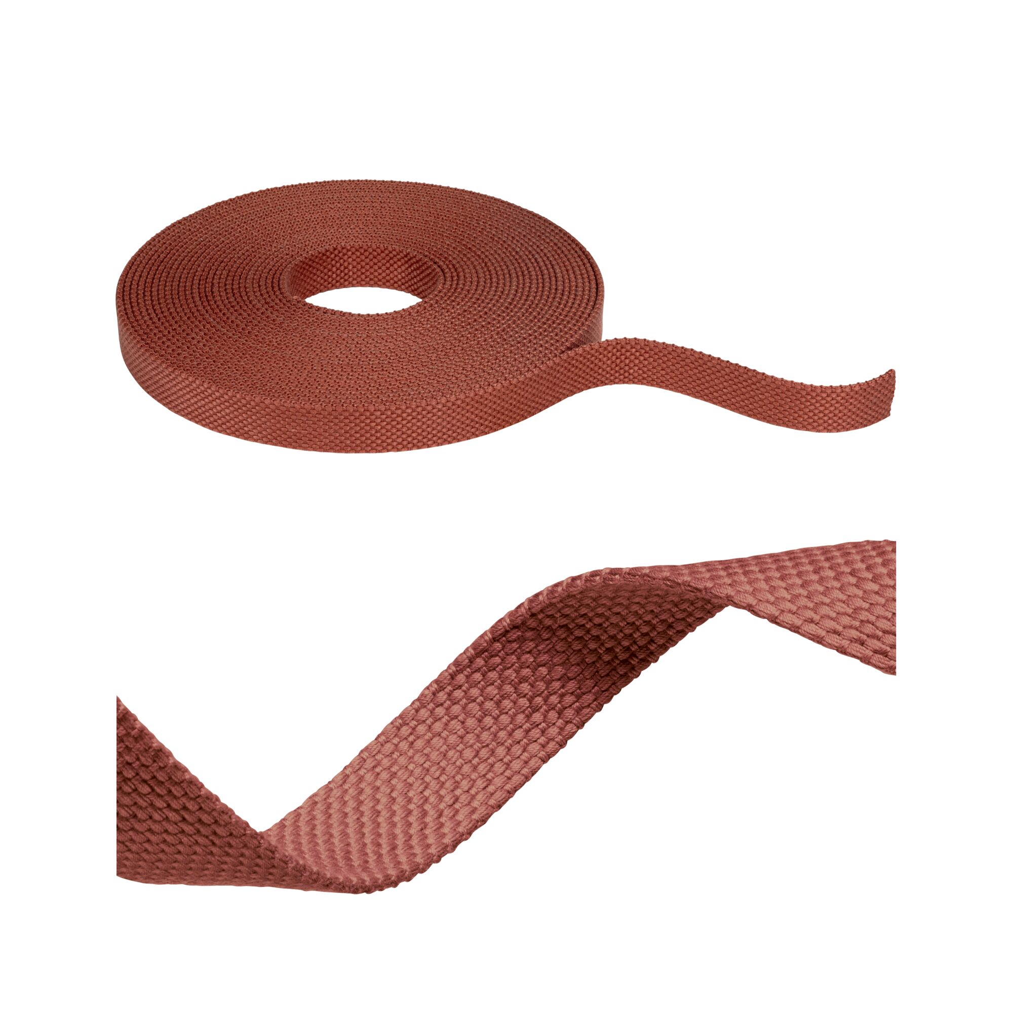 ULine Belt 10m Dacron Textil Copper Terracotta Roll of brown textured textile tape for versatile fastening and decorative applications.