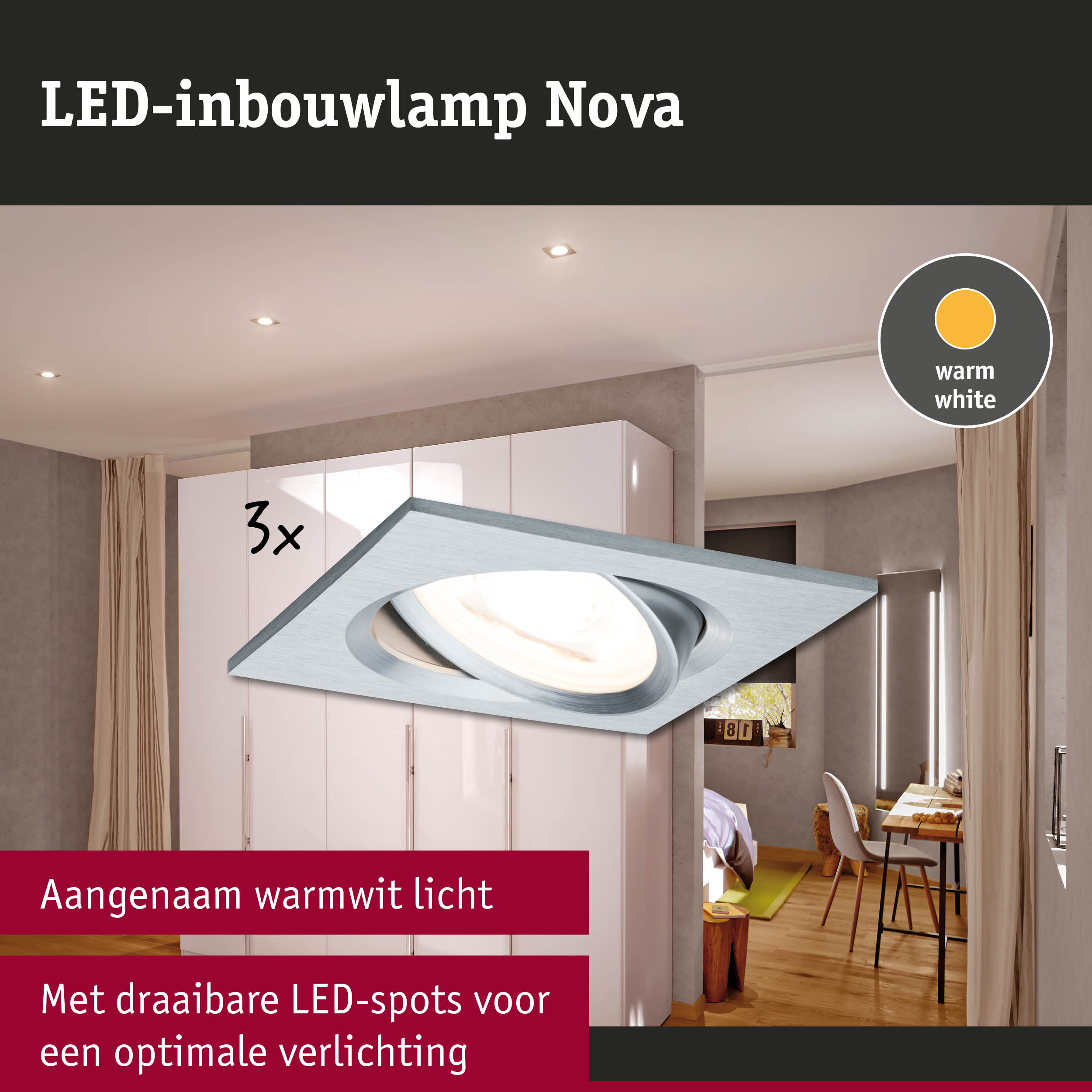 LED-inbouwlamp Nova van aluminium met warm wit licht en draaibare LED-spots voor optimale verlichting