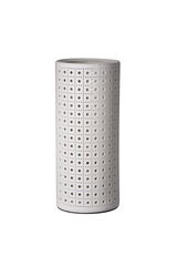 Cylindrical white ceramic lamp with square perforation pattern for decorative LED lighting