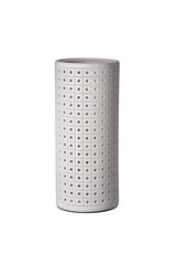 Cylindrical white ceramic lamp with square perforation pattern for decorative LED lighting