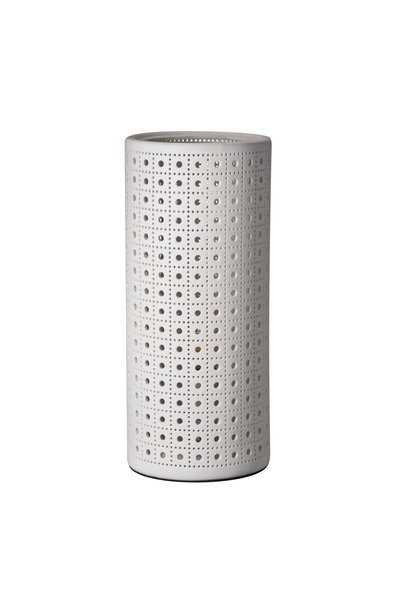 Cylindrical white ceramic lamp with square perforation pattern for decorative LED lighting