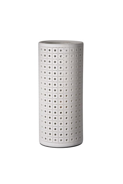 Cylindrical white ceramic lamp with square perforation pattern for decorative LED lighting