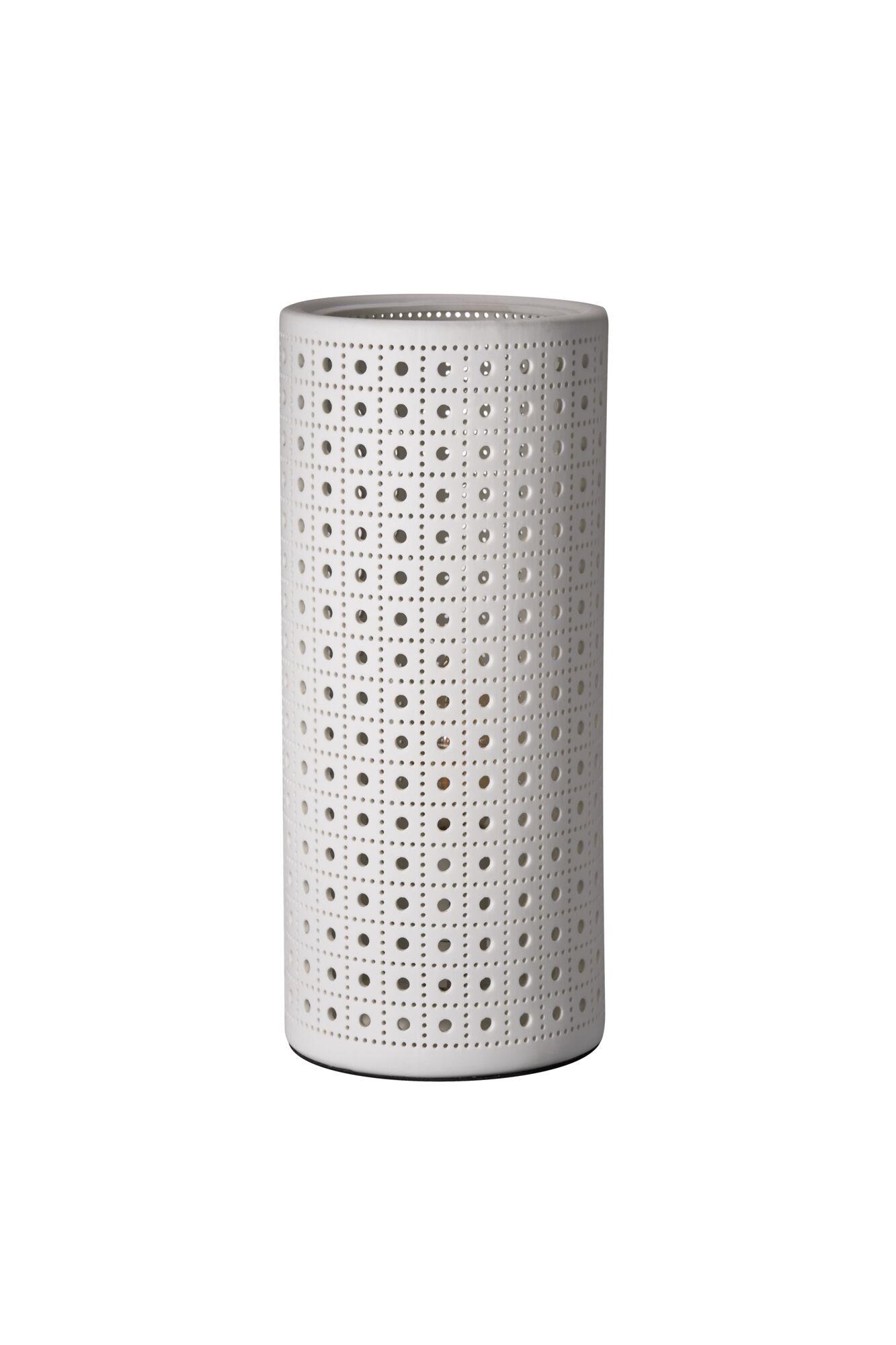 White cylindrical ceramic lampshade with square perforated pattern for decorative lighting