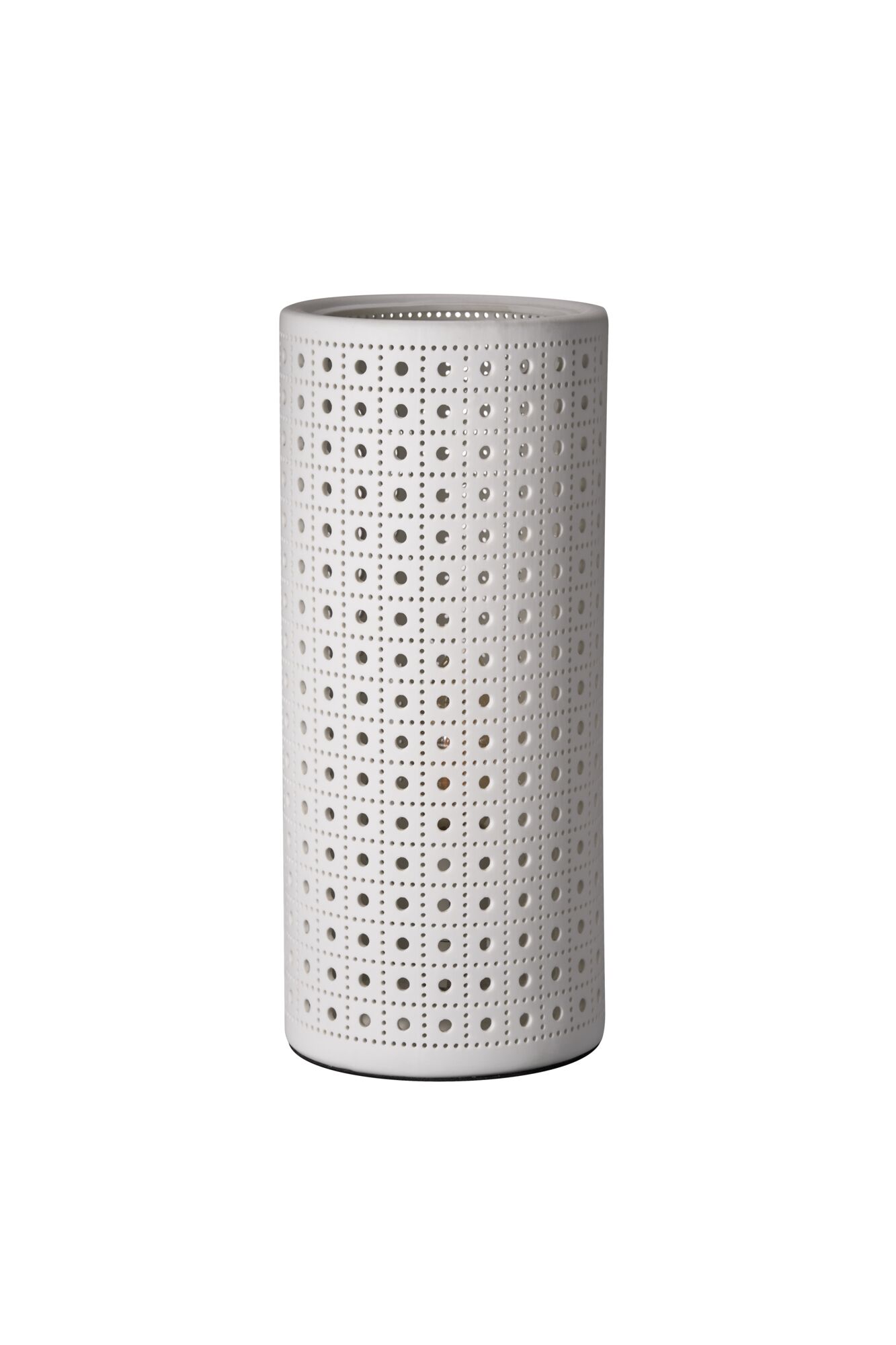 White cylindrical ceramic lampshade with square perforated pattern for decorative lighting