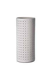 White cylindrical ceramic lampshade with square perforated pattern for decorative lighting