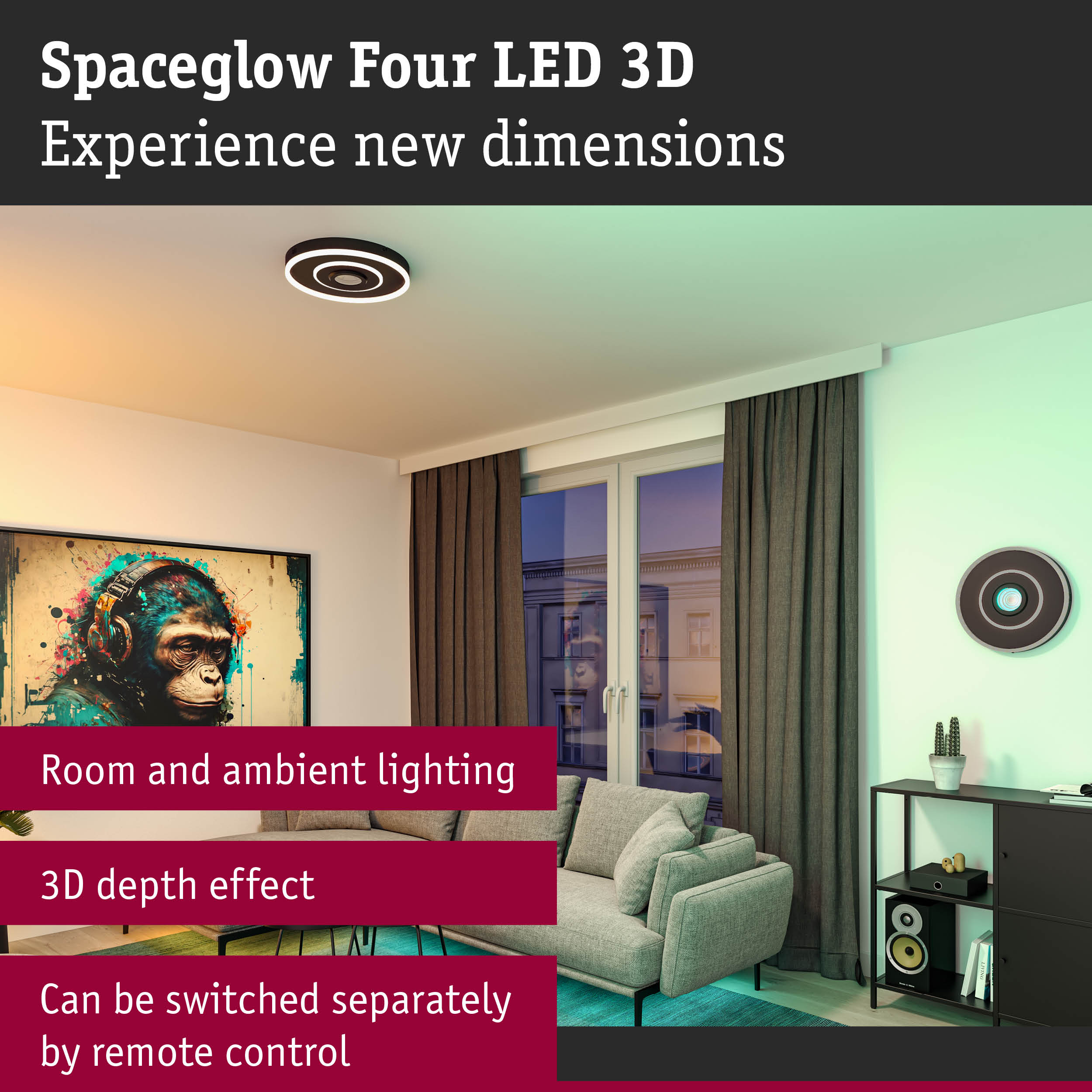 Spaceglow Four LED 3D black ceiling light with 3D depth effect and remote control for room lighting