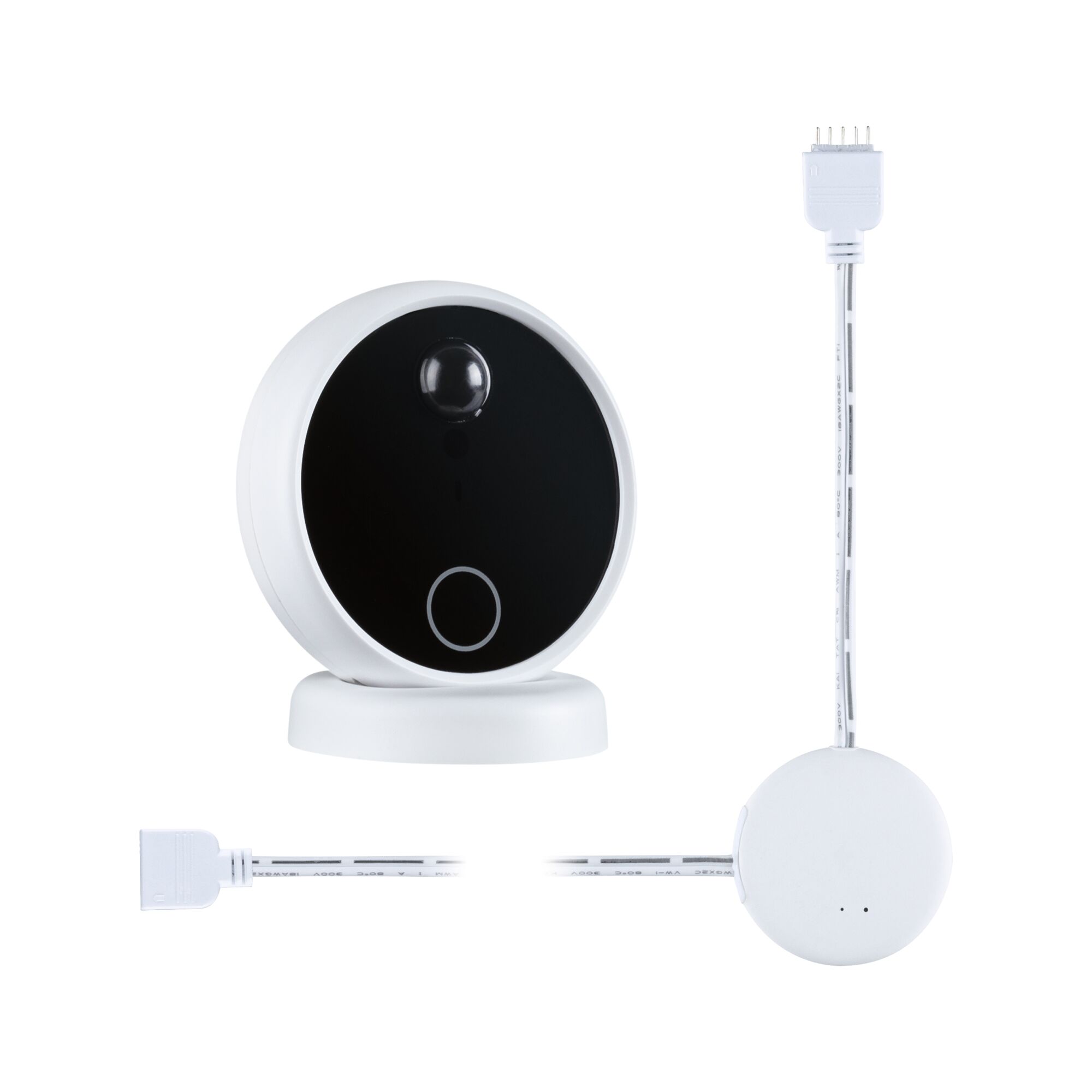 MaxLED accessoires besturing Basisset Wireless PIR & Touch Wit/Zwart Rond wit smart home-apparaat met zwarte sensor en witte verbindingskabel voor huisautomatisering.