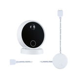 Round white smart home device with black front sensor and white connecting cable for home automation.