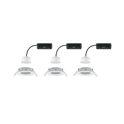 Three white LED recessed spotlights with black cable and mounting clips for ceiling installation