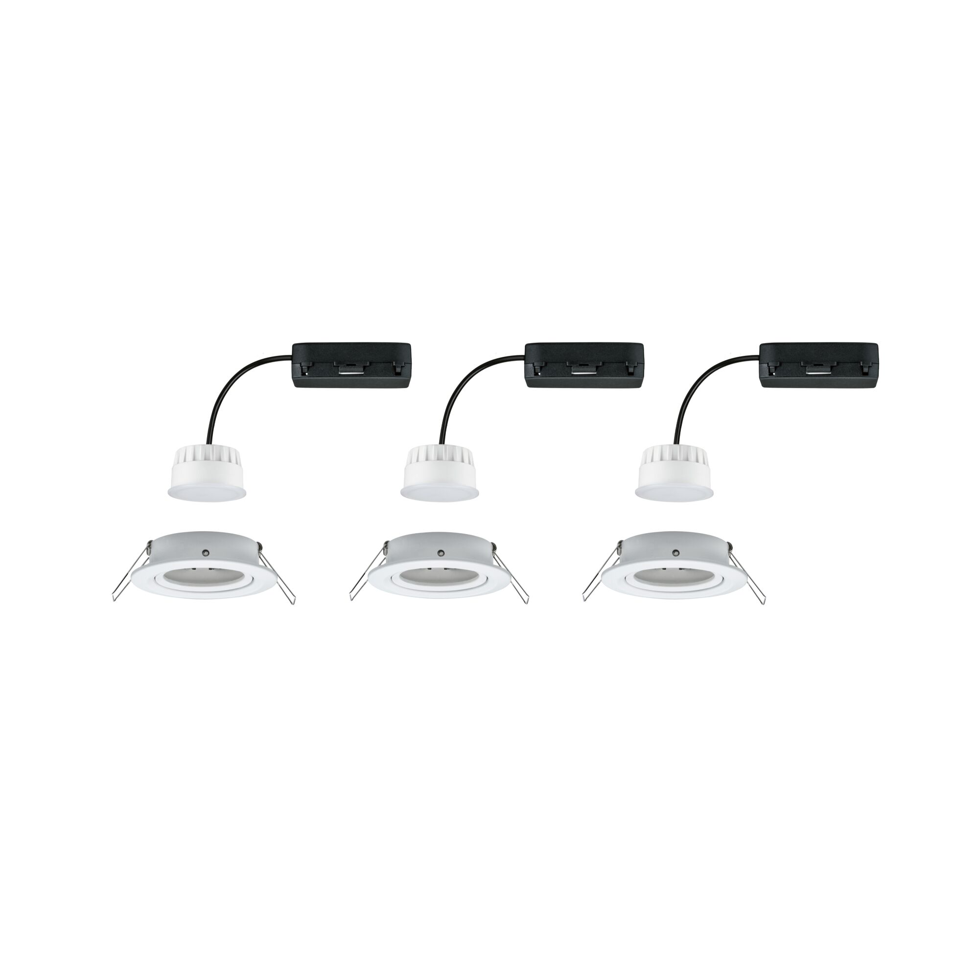Three white LED recessed spotlights with black cable and mounting clips for ceiling installation