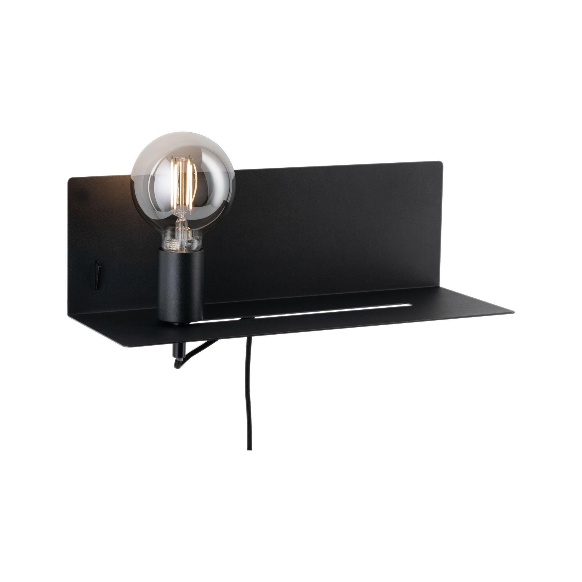 Black metal wall lamp with exposed bulb and practical shelf for modern lighting and home decor
