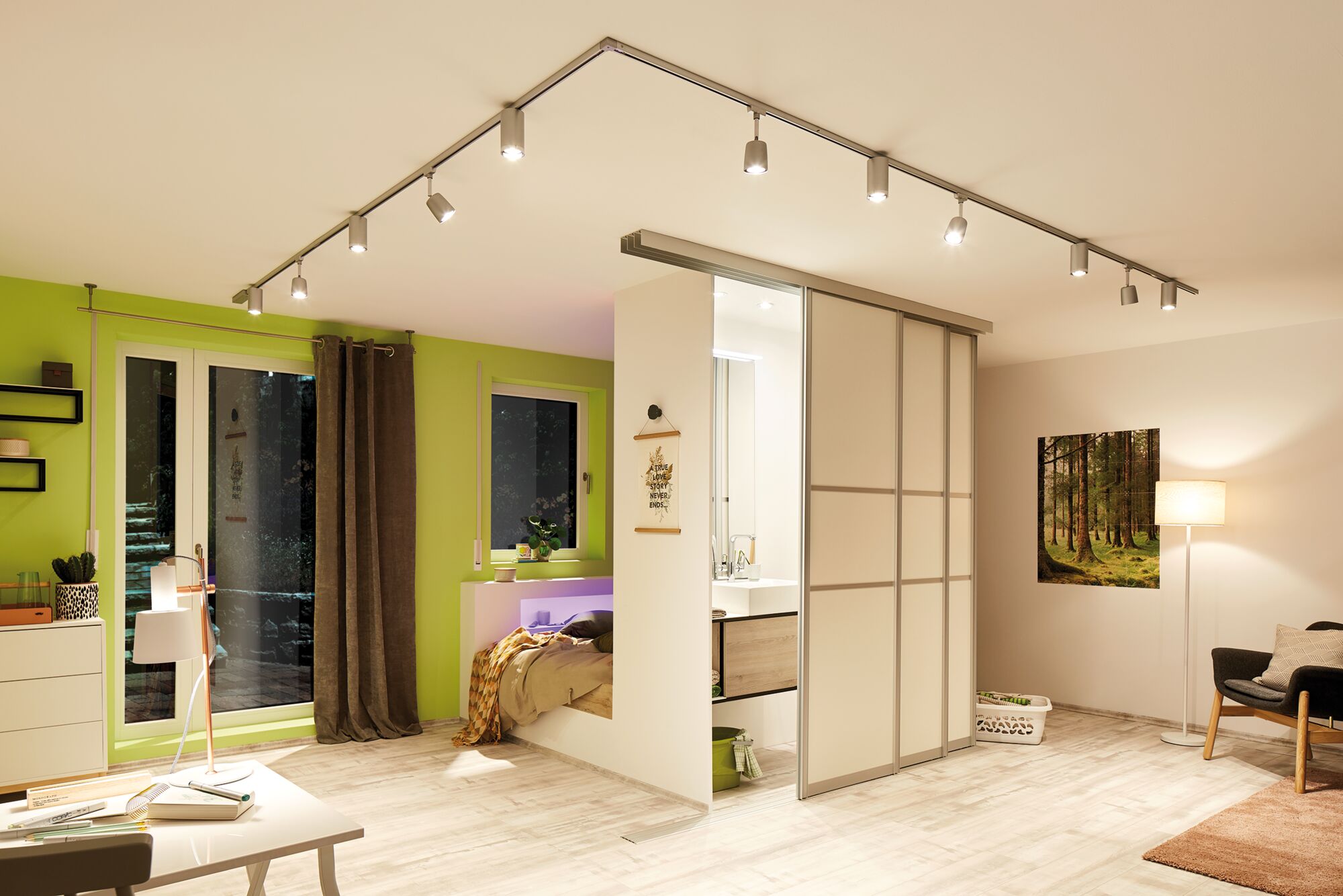 Moderner Raum mit silberner LED-Deckenstrahler-Schiene und grün gestrichener Wand für Wohnbeleuchtung