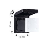 Witte wandschakelaar met zwarte kunststof beschermkap, afmetingen 85x72x20 mm, elektrische installatie