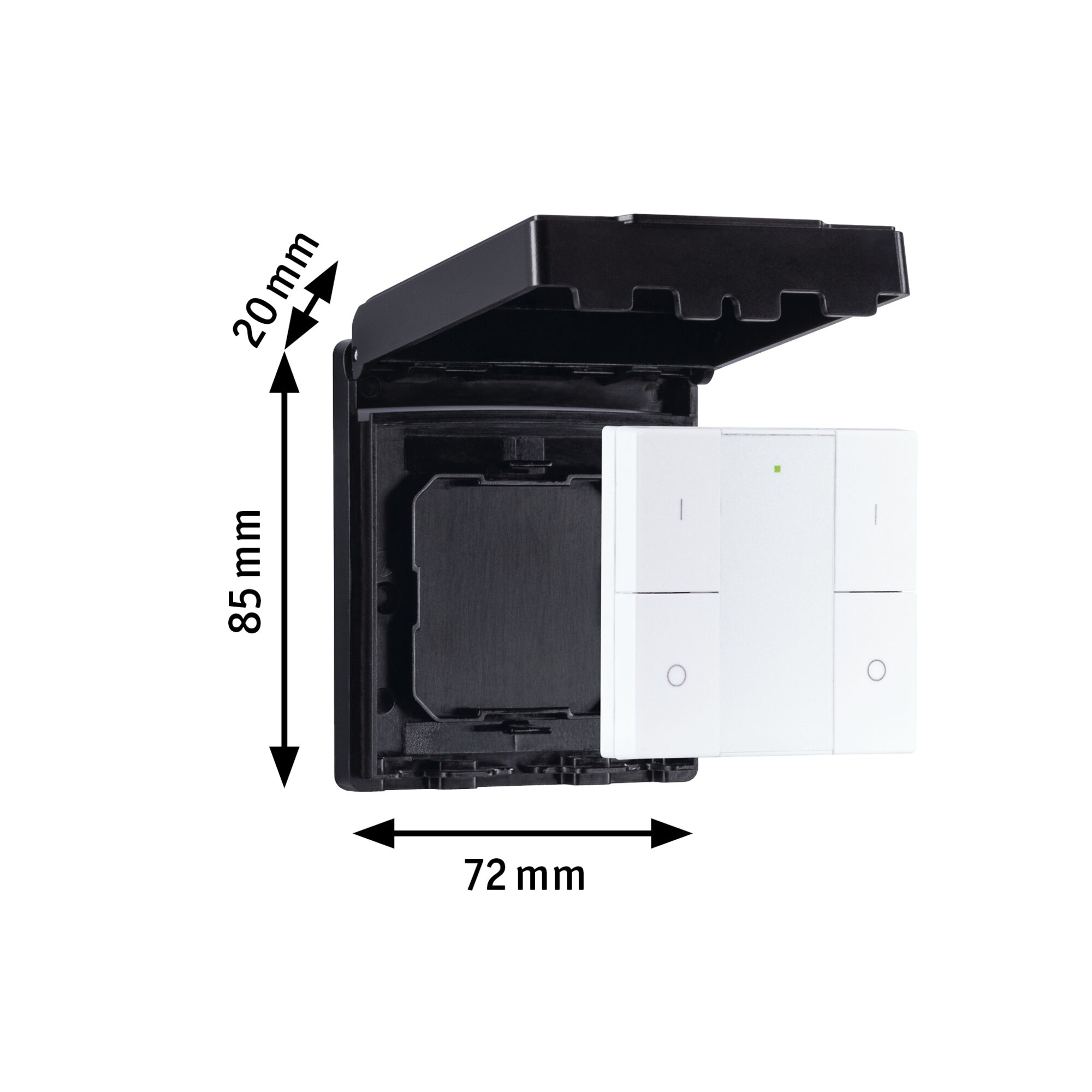 White wall switch with black plastic protective cover, dimensions 85x72x20 mm, electrical installation