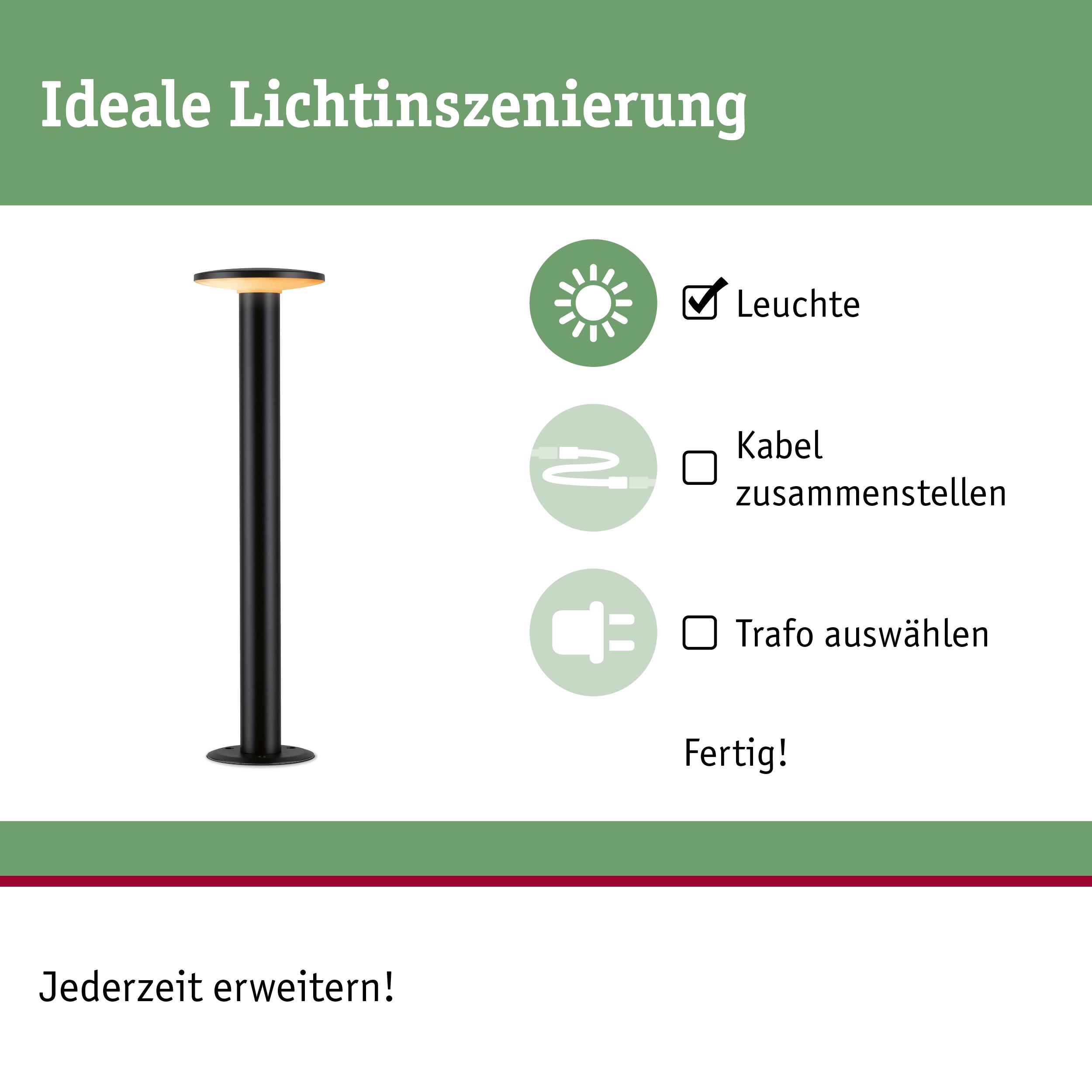 Schwarze LED-Außenleuchte mit rundem Leuchtkopf für Gartenbeleuchtung und Lichtinszenierung