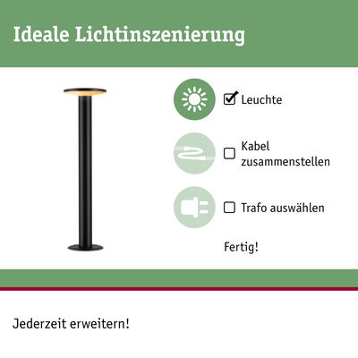 Schwarze LED-Außenleuchte mit rundem Leuchtkopf für Gartenbeleuchtung und Lichtinszenierung
