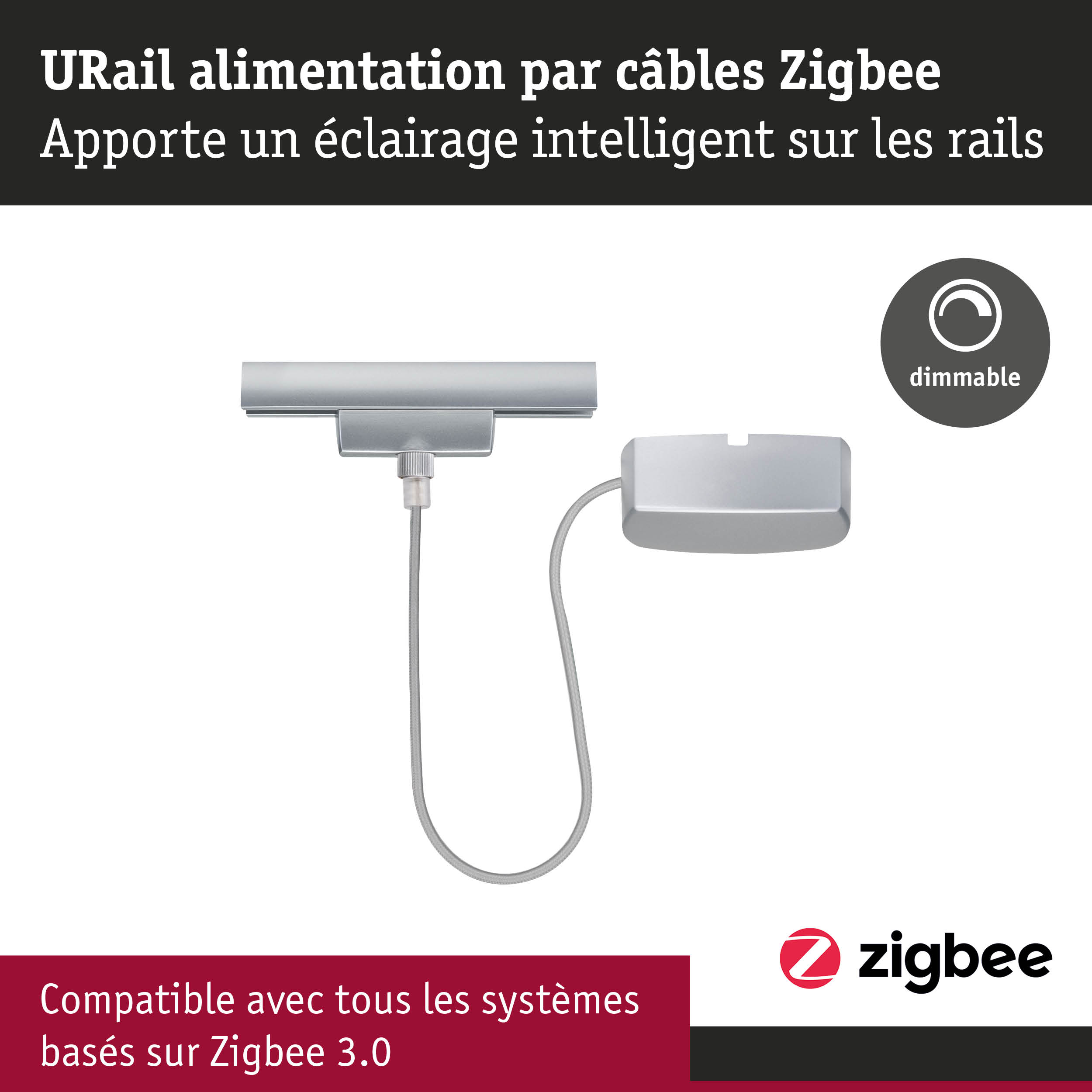 Câble URail Zigbee argenté avec éclairage LED dimmable pour systèmes d'éclairage sur rails intelligents