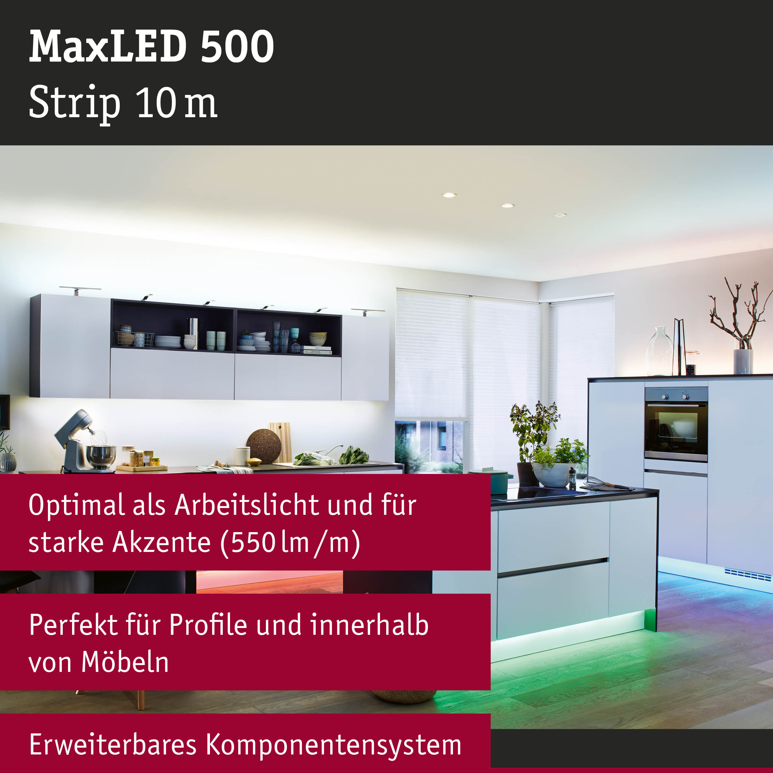 Moderne Küche mit MaxLED 500 LED-Lichtstreifen in Weiß, ideal für Arbeitslicht und Akzente