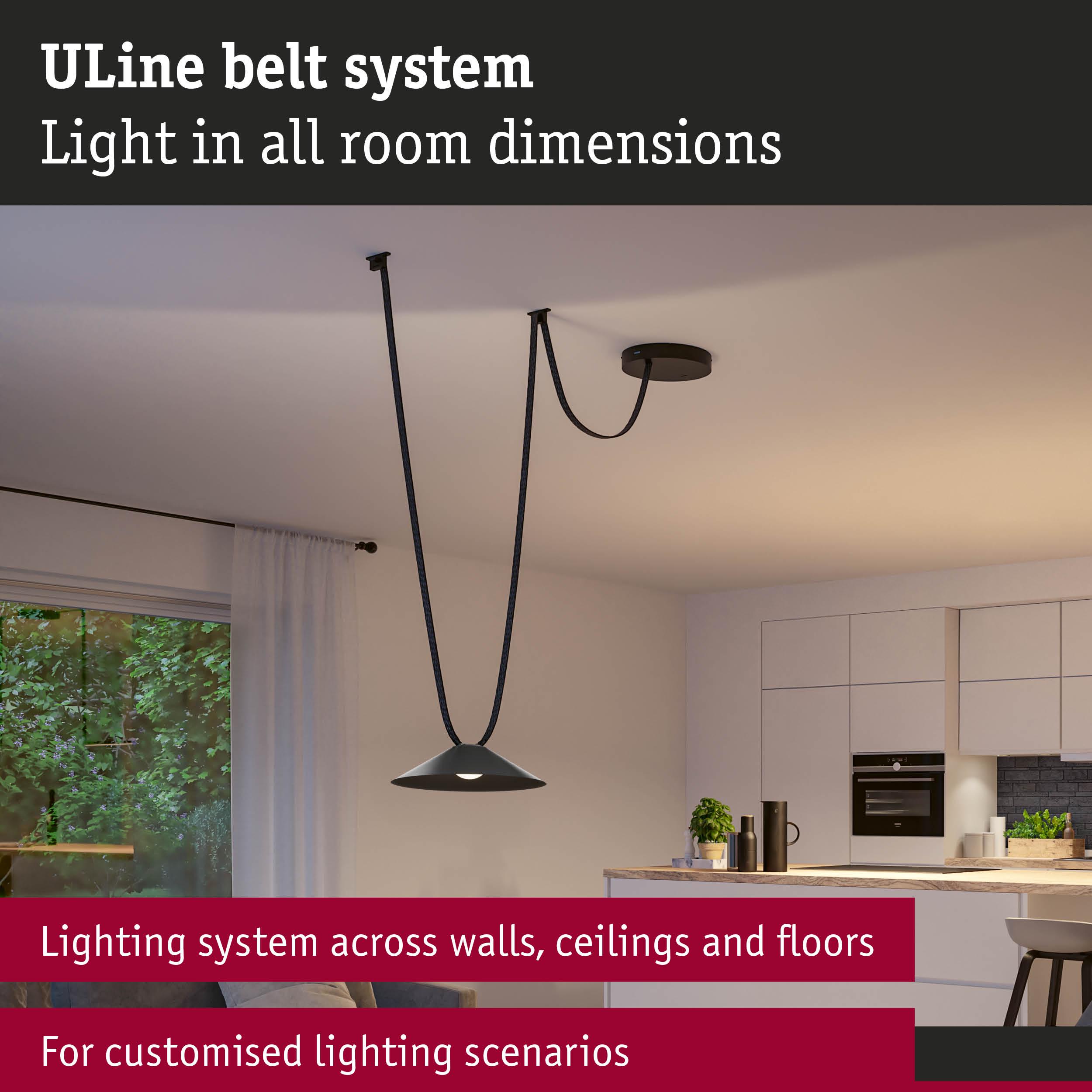 Black ULine Belt System pendant light in modern living space for versatile room lighting solutions