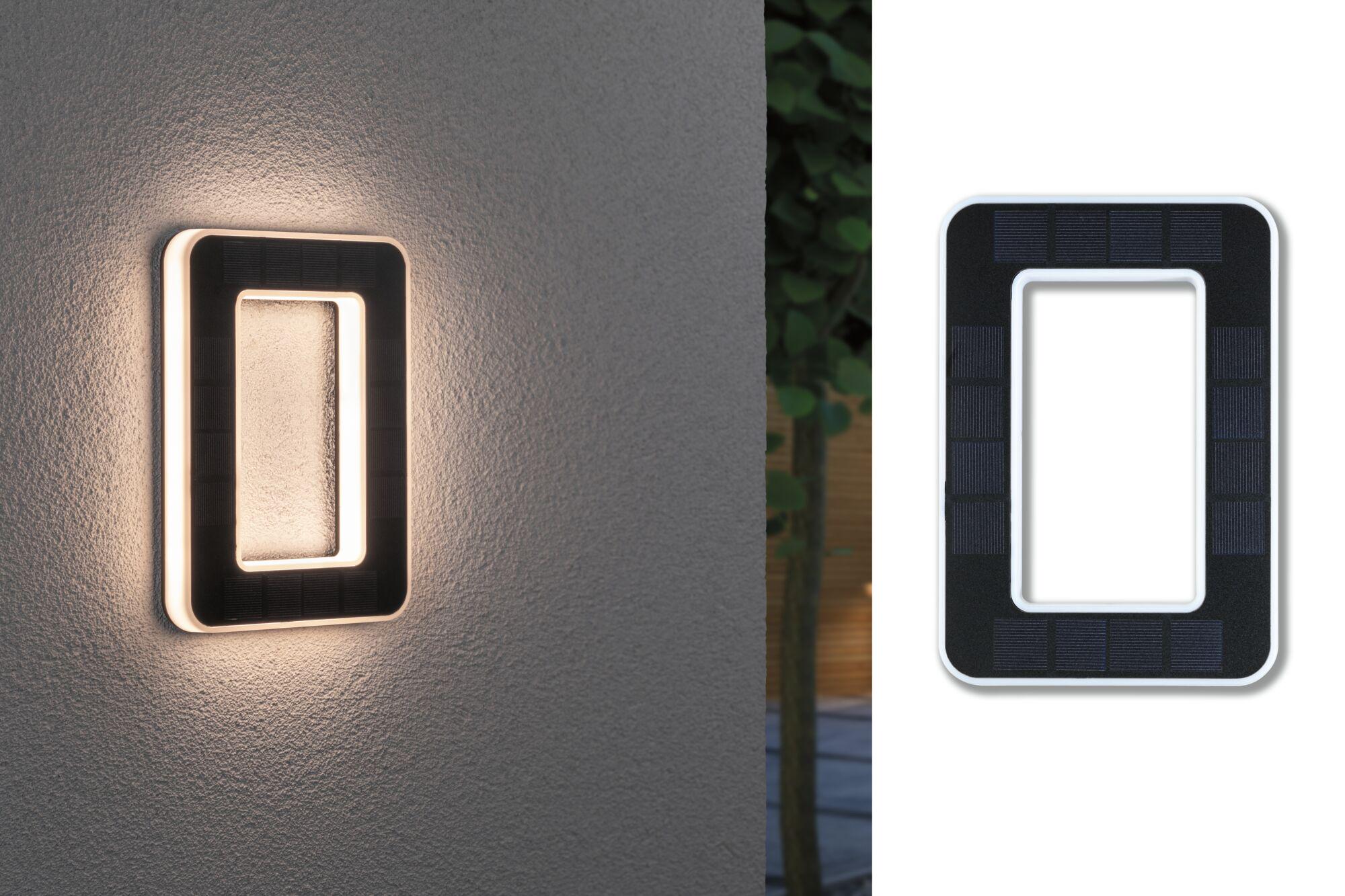 Rektangulært sort solcelle væglampe med hvid LED-ramme til udendørs belysning