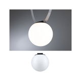 Round white LED light made of plastic with black holder, modern indoor pendant lamp