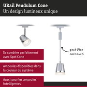 Suspension en forme de cône en métal argenté avec éclairage LED pour système sur rail