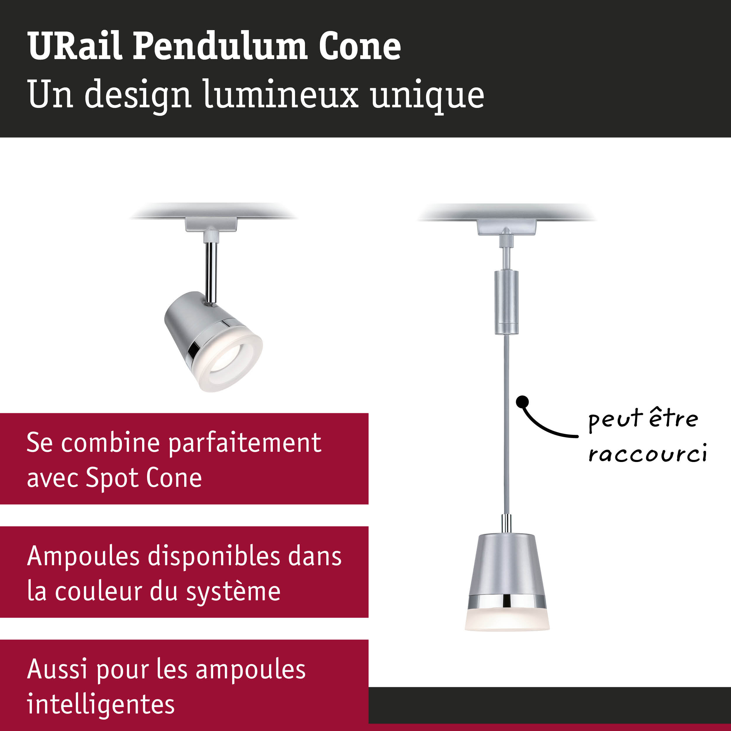 Suspension en forme de cône en métal argenté avec éclairage LED pour système sur rail