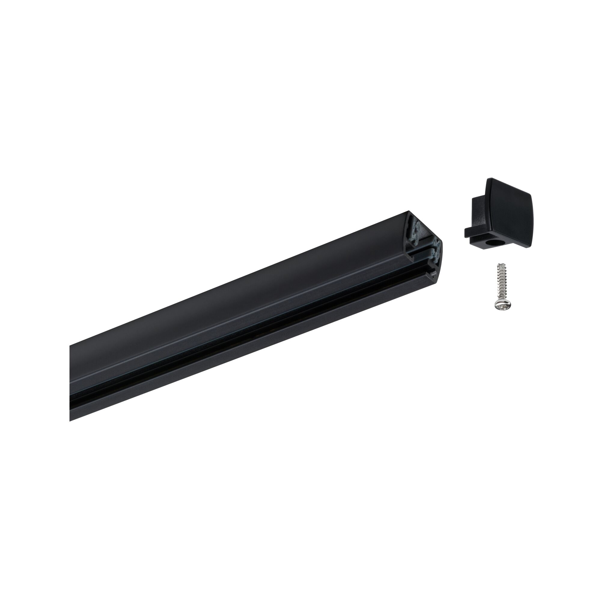 Zwarte aluminium rail met eindkap en schroef voor LED-spoorsystemen en montage.