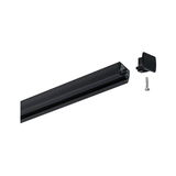Zwarte aluminium rail met eindkap en schroef voor LED-spoorsystemen en montage.