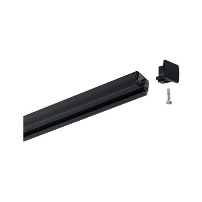 Zwarte aluminium rail met eindkap en schroef voor LED-spoorsystemen en montage.