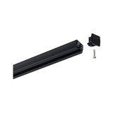 Black aluminum rail with end cap and screw for LED track lighting systems and installation.