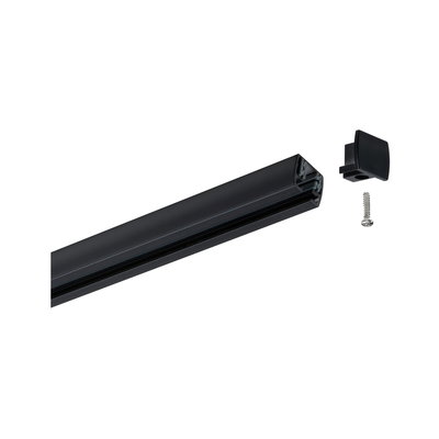 Sort aluminiumskinne med endestykke og skrue til LED-skinne belysningssystemer.