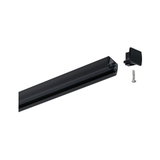 Schwarze Aluminium-Schiene mit Endkappe und Schraube für LED-Schienensysteme zur Beleuchtung.