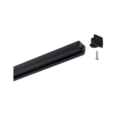 Schwarze Aluminium-Schiene mit Endkappe und Schraube für LED-Schienensysteme zur Beleuchtung.