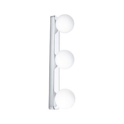Modern wall lamp with three white glass globes and chrome metal frame for living spaces