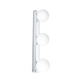 Modern wall lamp with three white glass globes and chrome metal frame for living spaces