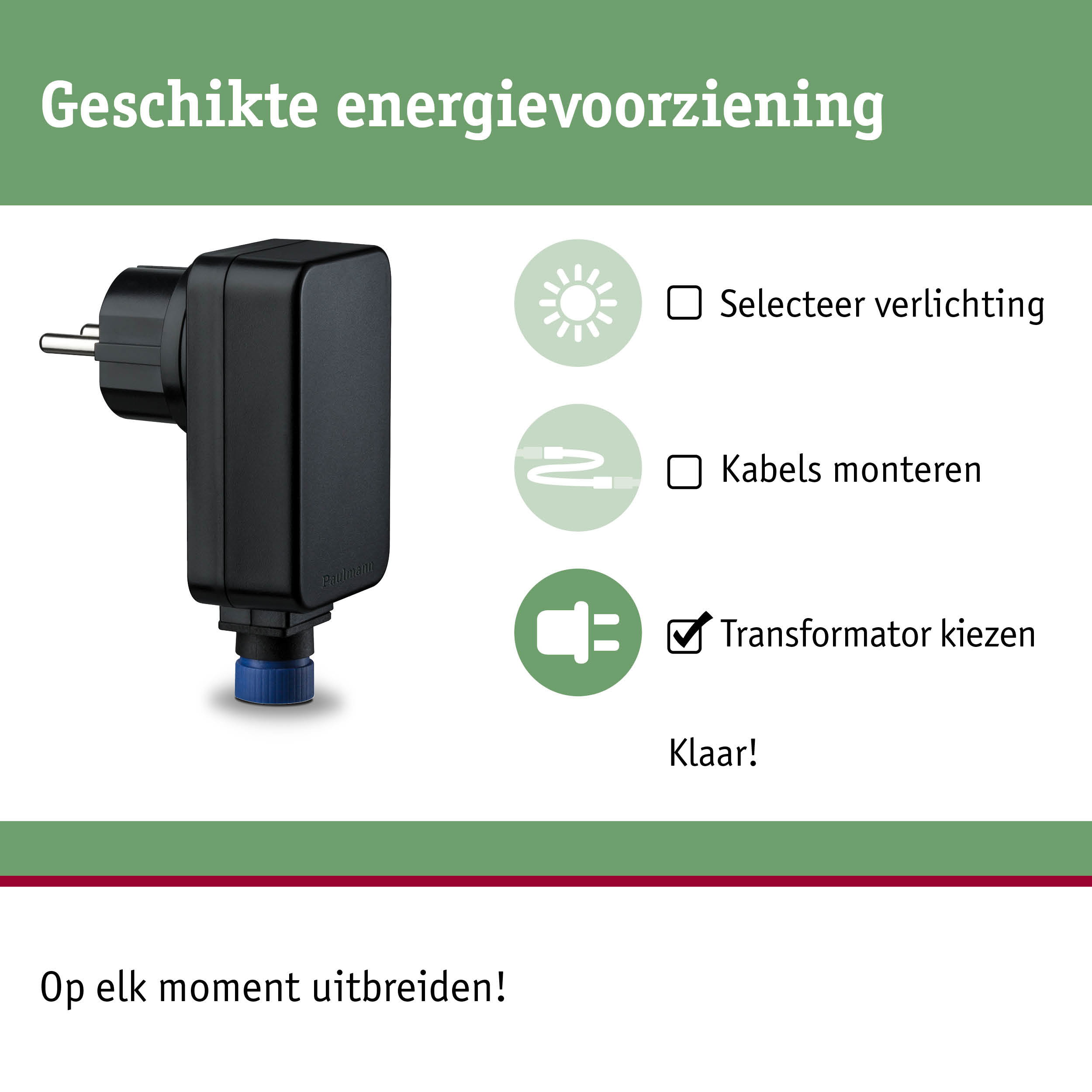 Zwarte transformatorstekker met blauwe aansluiting voor flexibele energievoorziening en verlichting.